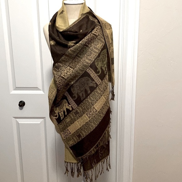 PASHMINA 100% Cashmere Scarf Elephants Brown/Gold Fringe Soft Warm Safari - Picture 1 of 7